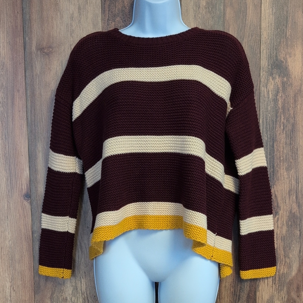 She + Sky Burgundy/Cream/Yellow Striped Open Back Oversized Sweater S R198